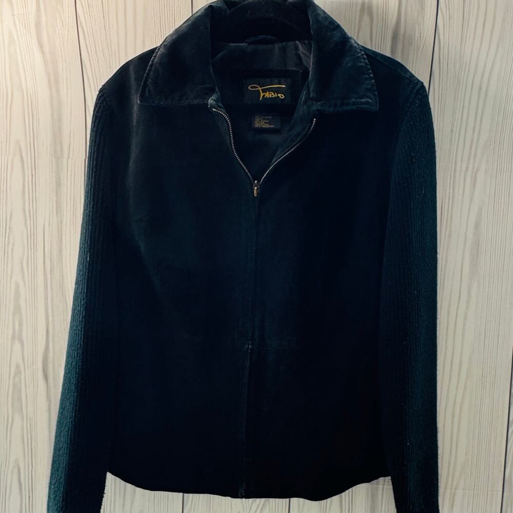 Y2K Vintage Fabio Black Suede Genuine Jacket Lined Jacket Knit Sleeves Size XL